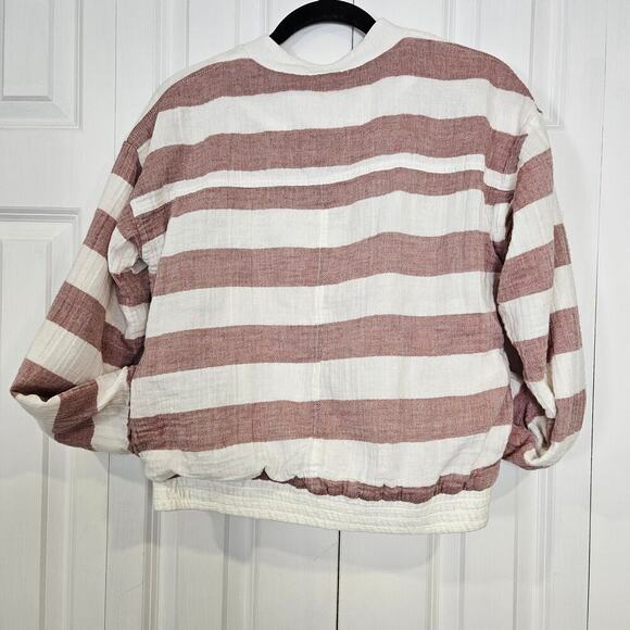 Hem & Thread Cotton Snap Front Medium Lightweight Jacket White Red Stripe - Picture 2 of 9